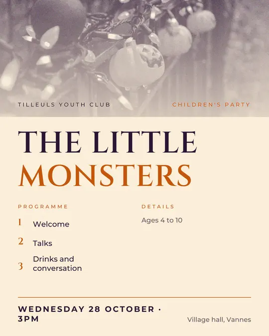 Sample flyer, "Programme · Paper and pumpkin" template, Halloween: "The little monsters"
