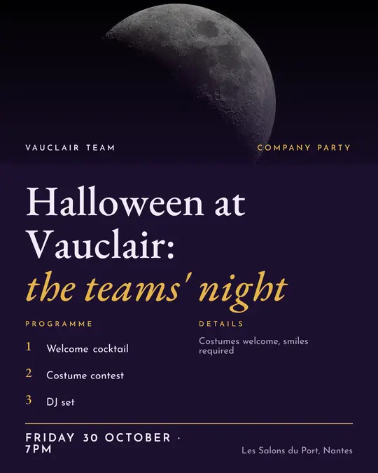 Sample flyer, "Programme · Night violet and gold" template, Halloween: "Halloween at Vauclair: the teams' night"