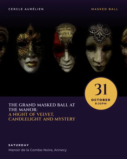 Sample flyer, "Seal · Night violet and gold" template, Halloween: "The grand masked ball at the manor: a night of velvet, candlelight and mystery"