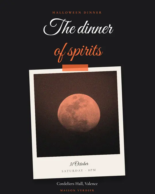 Sample flyer, "Print · Orange on charcoal" template, Halloween: "The dinner of spirits"