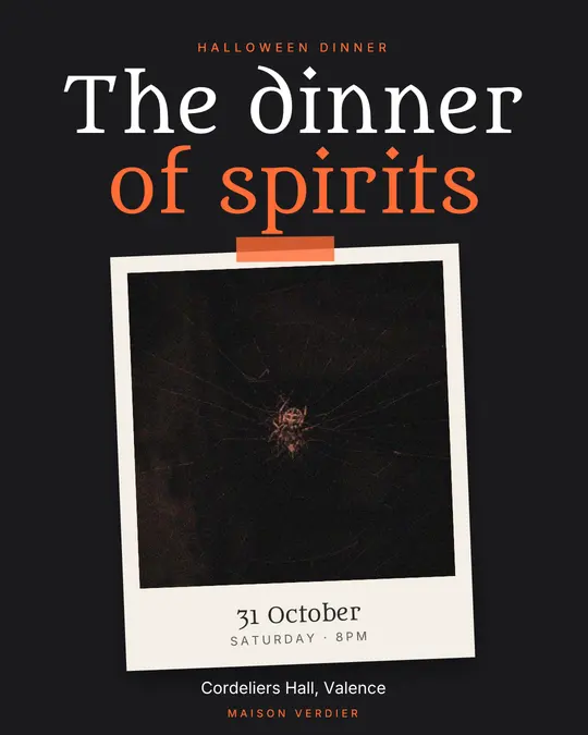Sample flyer, "Print · Orange on charcoal" template, Halloween: "The dinner of spirits"