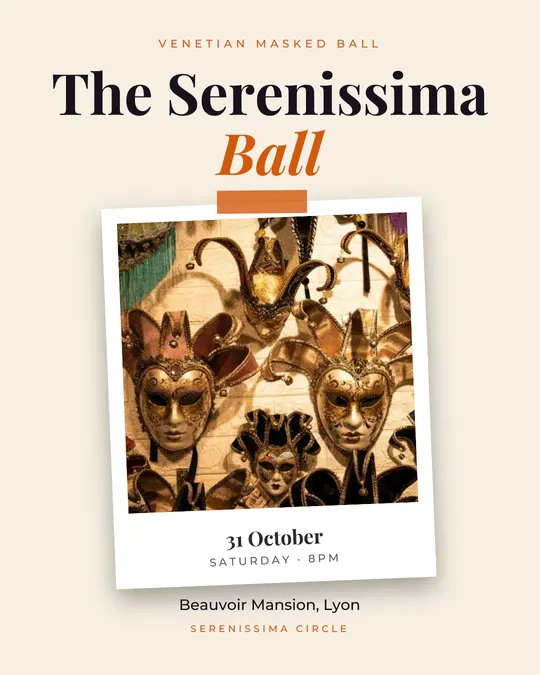 Sample flyer, "Print · Cream, black and orange" template, Halloween: "The Serenissima Ball"