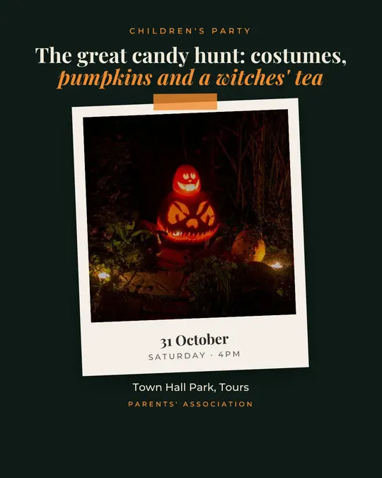 Sample flyer, "Print · Forest and pumpkin" template, Halloween: "The great candy hunt: costumes, pumpkins and a witches' tea"
