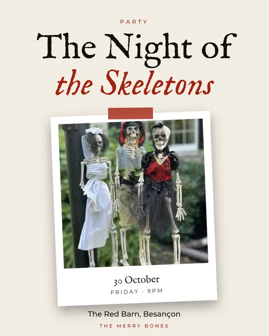 Sample flyer, "Print · Bone and black" template, Halloween: "The Night of the Skeletons"