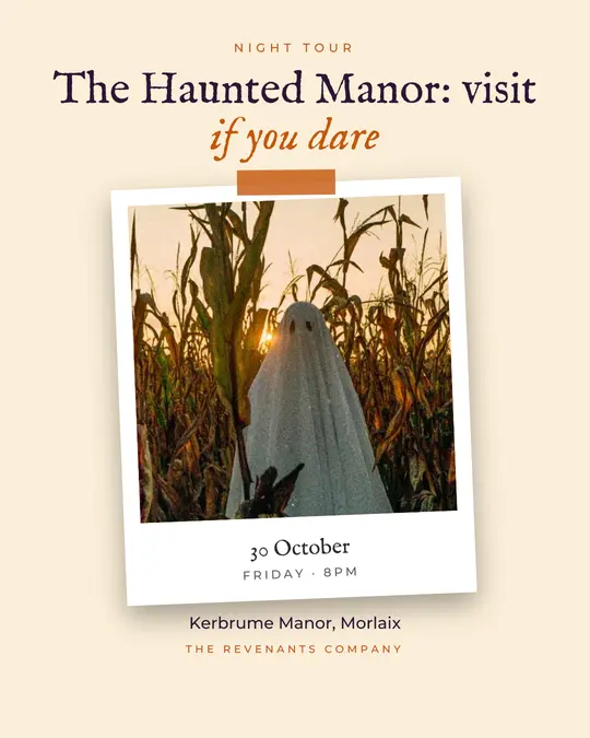 Sample flyer, "Print · Paper and pumpkin" template, Halloween: "The Haunted Manor: visit if you dare"