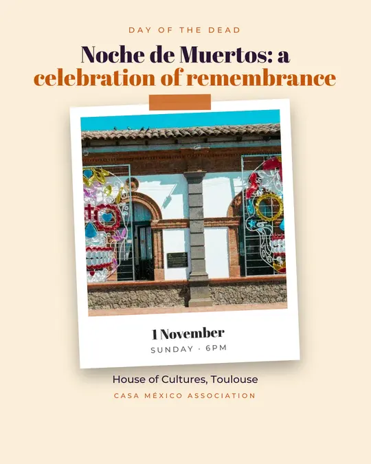 Sample flyer, "Print · Paper and pumpkin" template, Halloween: "Noche de Muertos: a celebration of remembrance"
