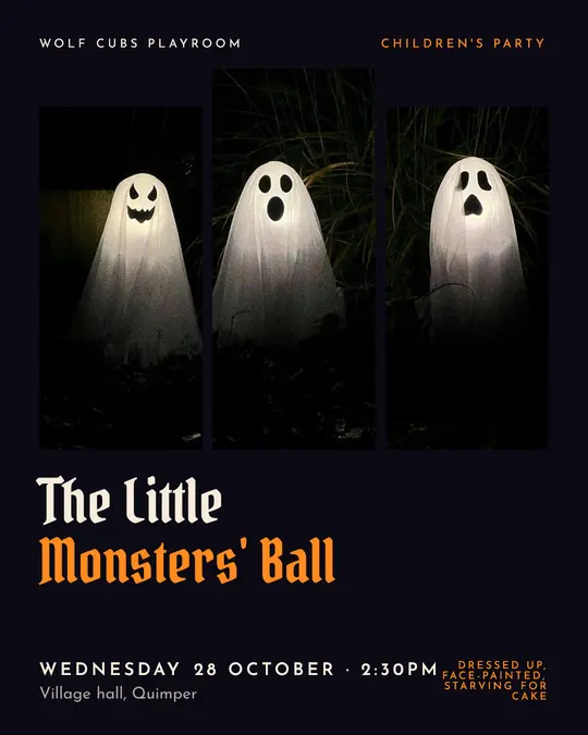 Sample flyer, "Triptych · Night and pumpkin" template, Halloween: "The Little Monsters' Ball"