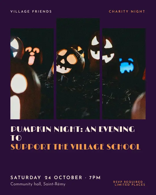 Sample flyer, "Triptych · Purple and copper" template, Halloween: "Pumpkin Night: an evening to support the village school"
