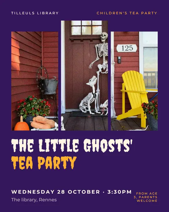 Sample flyer, "Triptych · Candy violet" template, Halloween: "The Little Ghosts' Tea Party"