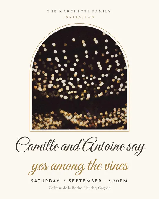 Sample flyer, "Arch · Golden ivory" template, Wedding: "Camille and Antoine say yes among the vines"