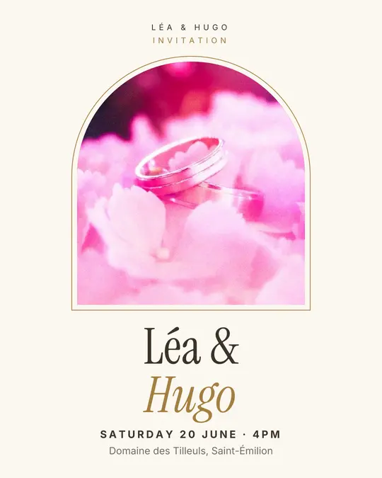Sample flyer, "Arch · Golden ivory" template, Wedding: "Léa & Hugo"