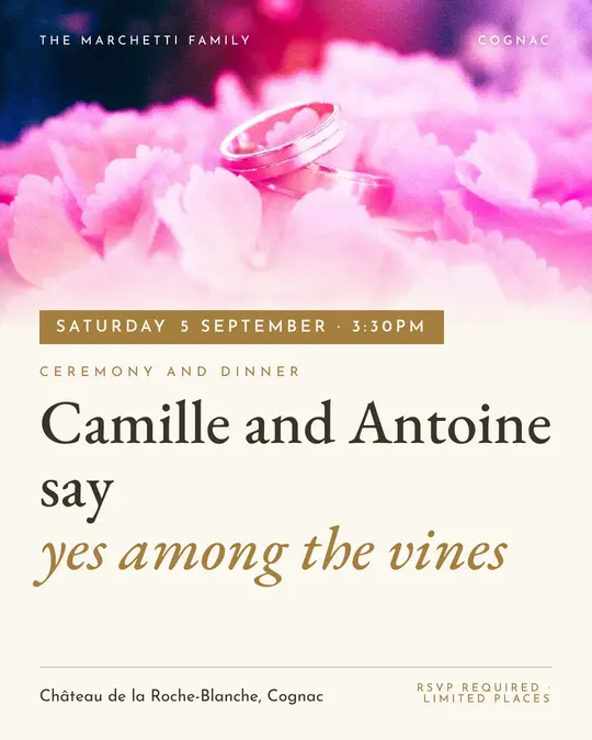 Sample flyer, "Banner · Golden ivory" template, Wedding: "Camille and Antoine say yes among the vines"