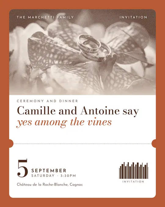 Sample flyer, "Ticket · Sand and terracotta" template, Wedding: "Camille and Antoine say yes among the vines"