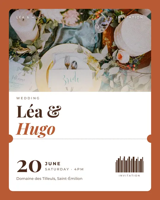 Sample flyer, "Ticket · Sand and terracotta" template, Wedding: "Léa & Hugo"
