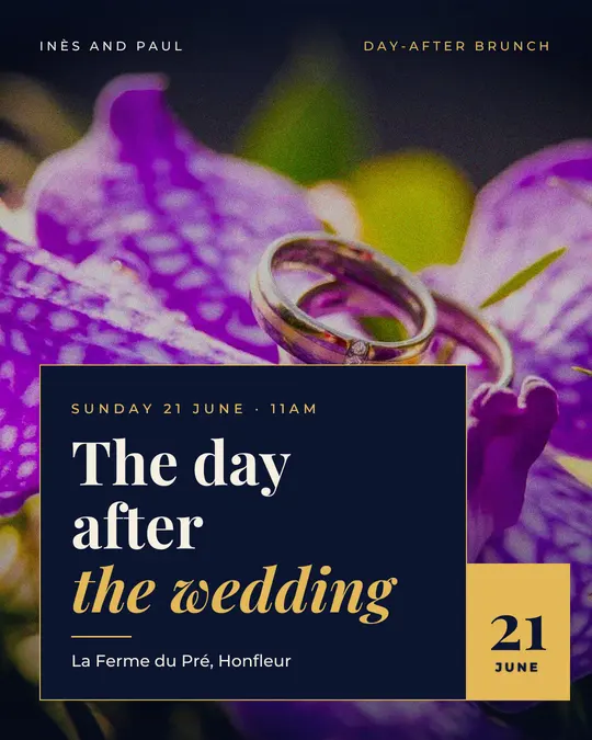 Sample flyer, "Laid card · Night and gold" template, Wedding: "The day after the wedding"