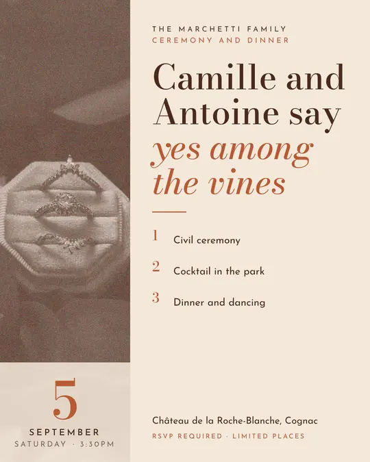 Sample flyer, "Column · Sand and terracotta" template, Wedding: "Camille and Antoine say yes among the vines"