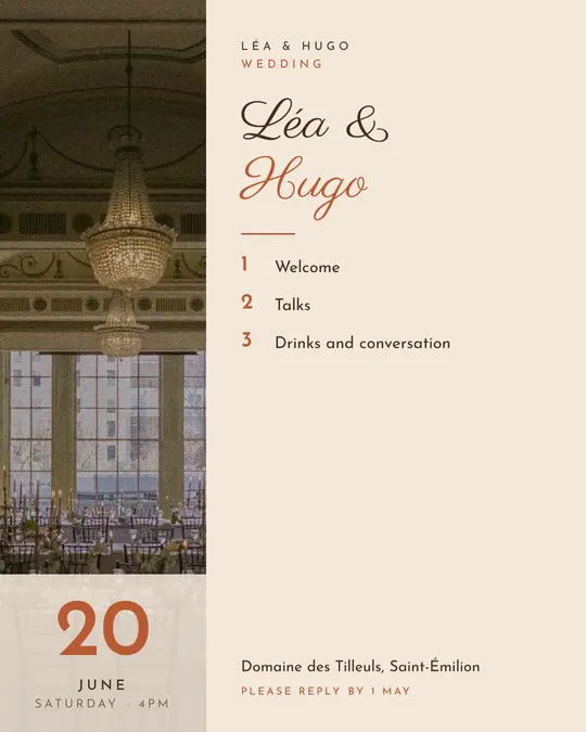 Sample flyer, "Column · Sand and terracotta" template, Wedding: "Léa & Hugo"
