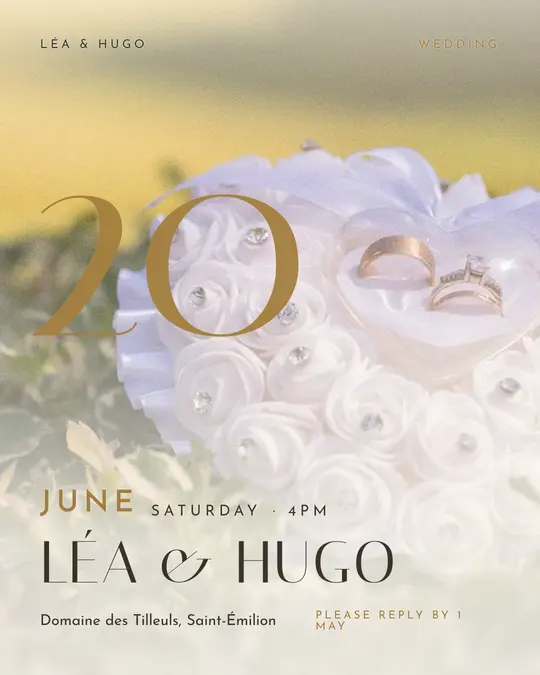 Sample flyer, "Giant date · Golden ivory" template, Wedding: "Léa & Hugo"