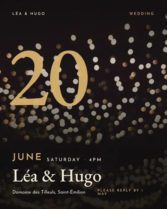 Sample flyer, "Giant date · Black and gold" template, Wedding: "Léa & Hugo"
