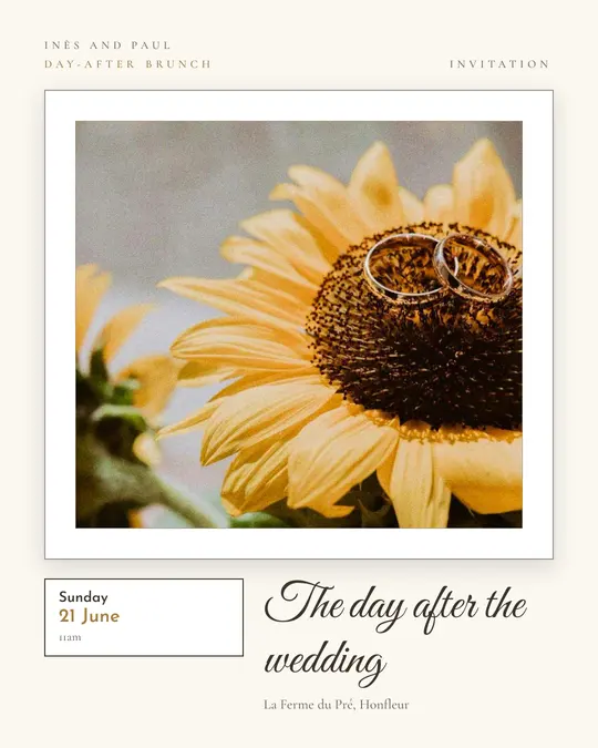 Sample flyer, "Gallery · Golden ivory" template, Wedding: "The day after the wedding"