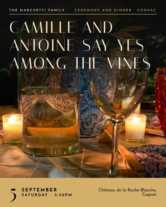 Sample flyer, "Cover · Black and gold" template, Wedding: "Camille and Antoine say yes among the vines"