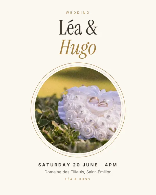 Sample flyer, "Medallion · Golden ivory" template, Wedding: "Léa & Hugo"
