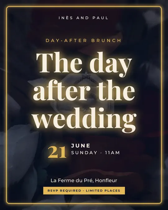 Sample flyer, "Neon · Night and gold" template, Wedding: "The day after the wedding"
