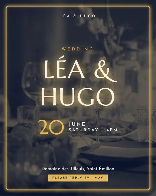 Sample flyer, "Neon · Night and gold" template, Wedding: "Léa & Hugo"