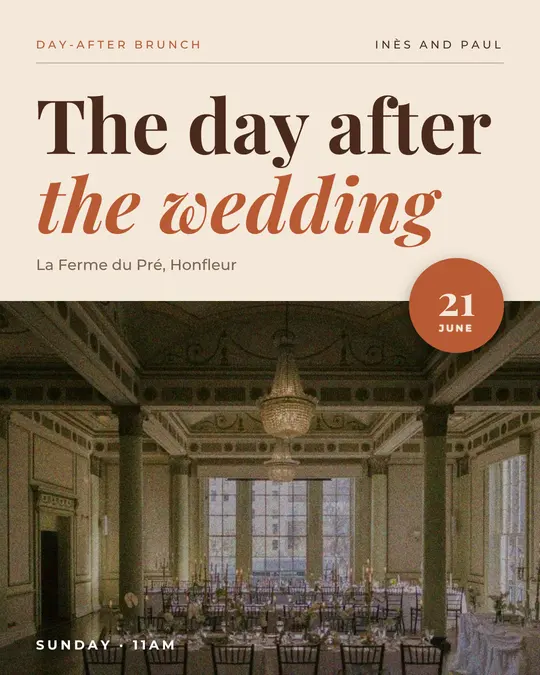 Sample flyer, "Photo foot · Sand and terracotta" template, Wedding: "The day after the wedding"