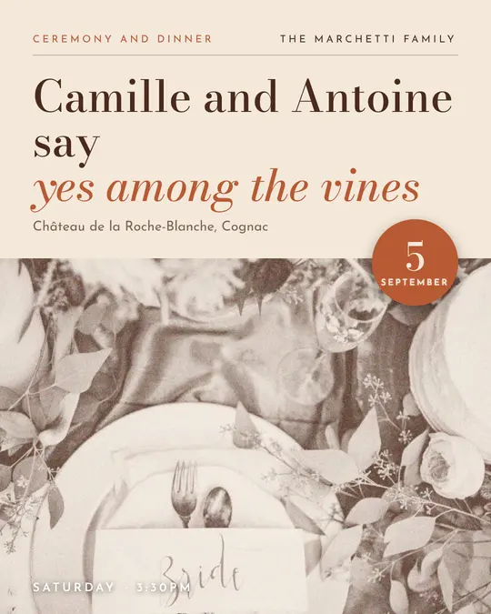 Sample flyer, "Photo foot · Sand and terracotta" template, Wedding: "Camille and Antoine say yes among the vines"
