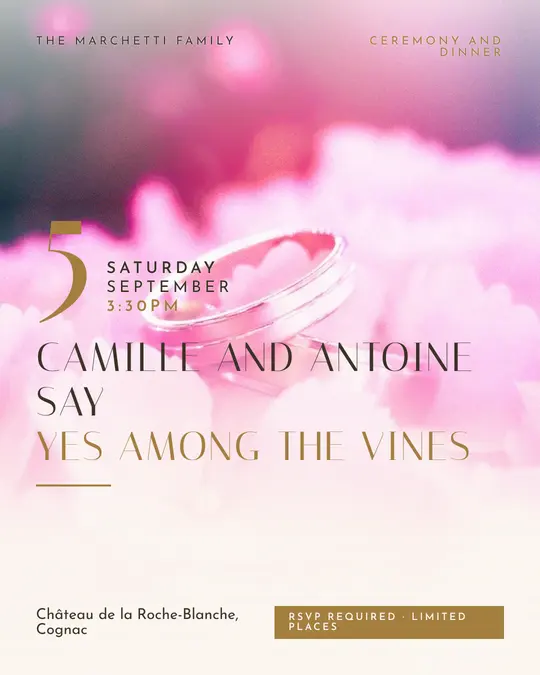 Sample flyer, "Grand poster · Golden ivory" template, Wedding: "Camille and Antoine say yes among the vines"
