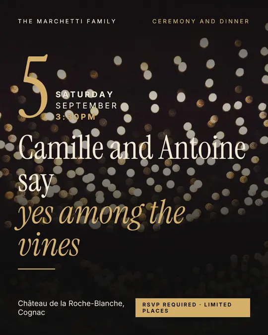 Sample flyer, "Grand poster · Black and gold" template, Wedding: "Camille and Antoine say yes among the vines"