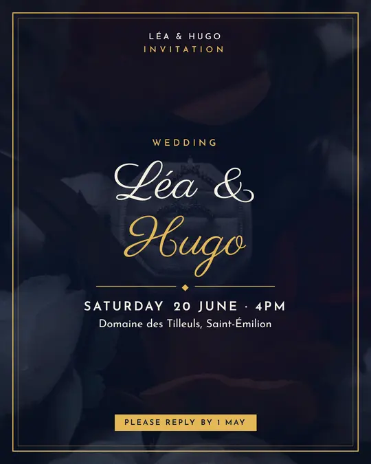 Sample flyer, "Framed card · Night and gold" template, Wedding: "Léa & Hugo"