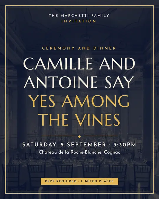 Sample flyer, "Framed card · Night and gold" template, Wedding: "Camille and Antoine say yes among the vines"