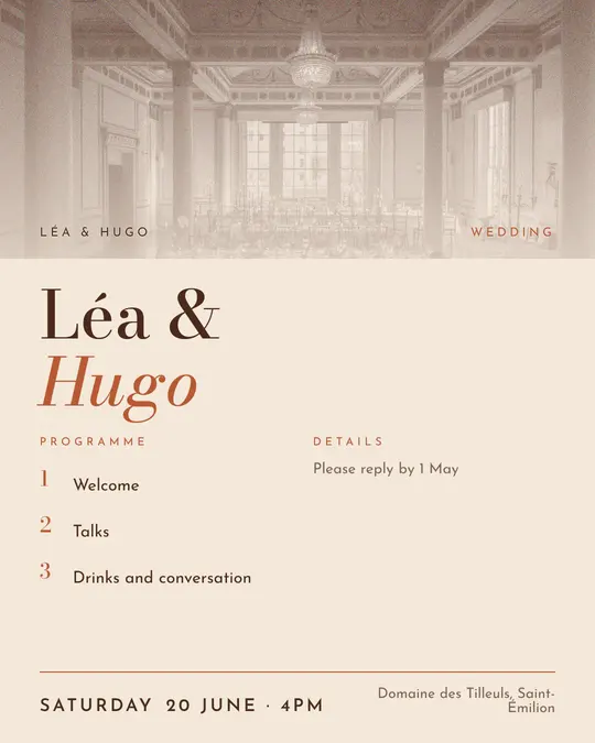 Sample flyer, "Programme · Sand and terracotta" template, Wedding: "Léa & Hugo"