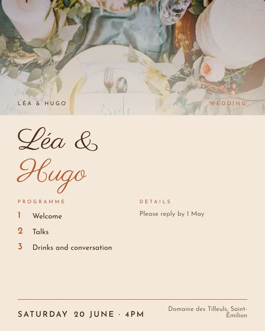Sample flyer, "Programme · Sand and terracotta" template, Wedding: "Léa & Hugo"