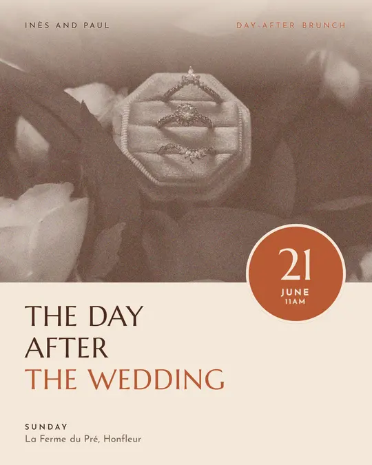 Sample flyer, "Seal · Sand and terracotta" template, Wedding: "The day after the wedding"