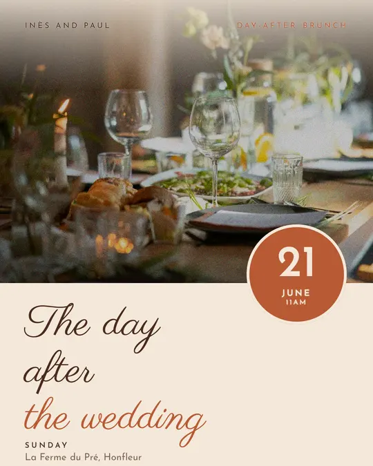 Sample flyer, "Seal · Sand and terracotta" template, Wedding: "The day after the wedding"