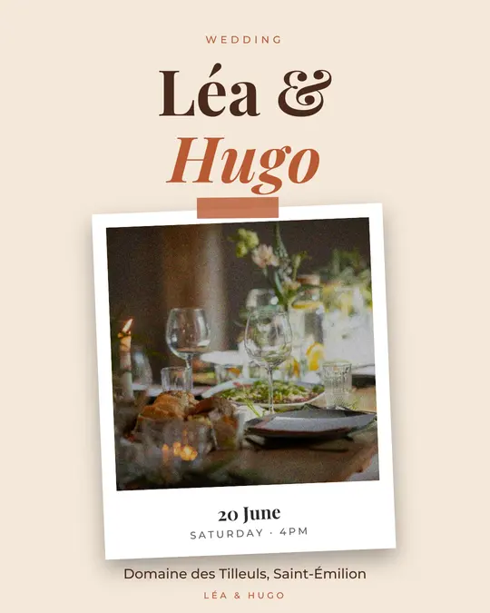 Sample flyer, "Print · Sand and terracotta" template, Wedding: "Léa & Hugo"