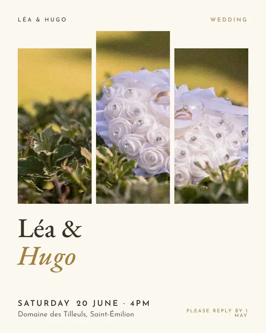Sample flyer, "Triptych · Golden ivory" template, Wedding: "Léa & Hugo"