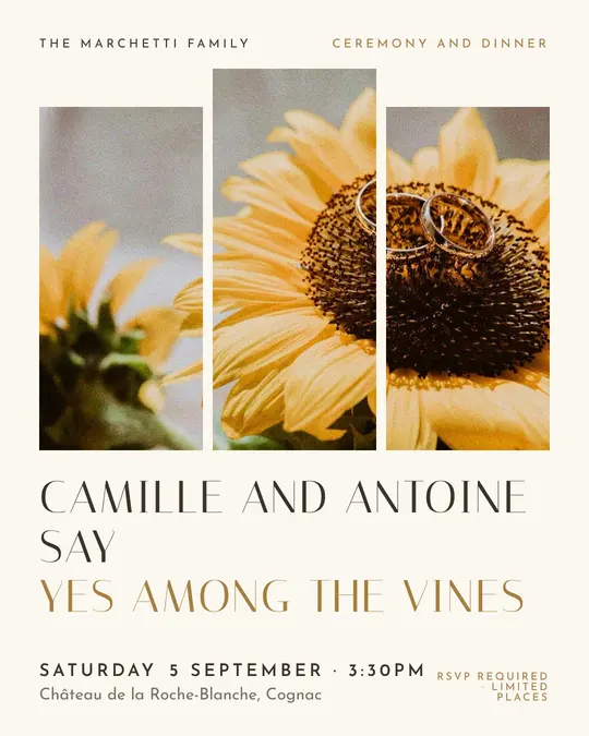 Sample flyer, "Triptych · Golden ivory" template, Wedding: "Camille and Antoine say yes among the vines"