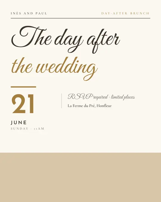 Sample flyer, "Typographic · Golden ivory" template, Wedding: "The day after the wedding"