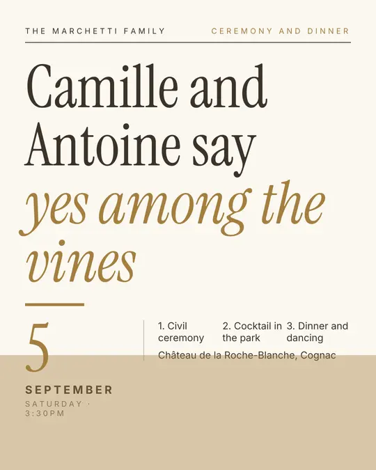 Sample flyer, "Typographic · Golden ivory" template, Wedding: "Camille and Antoine say yes among the vines"