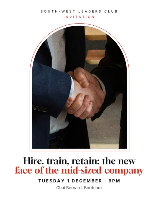 Sample flyer, "Arch · White and red" template, Business meetup: "Hire, train, retain: the new face of the mid-sized company"