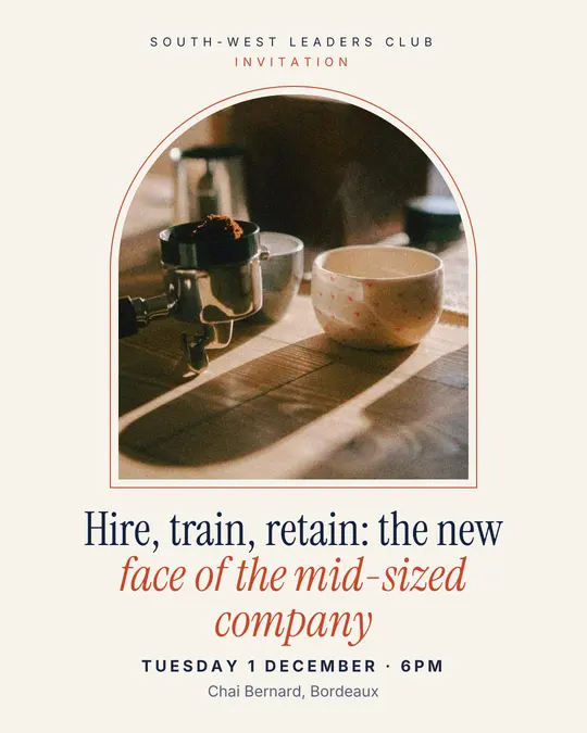 Sample flyer, "Arch · Paper and navy" template, Business meetup: "Hire, train, retain: the new face of the mid-sized company"