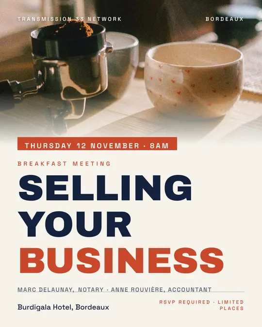 Sample flyer, "Banner · Paper and navy" template, Business meetup: "Selling your business"
