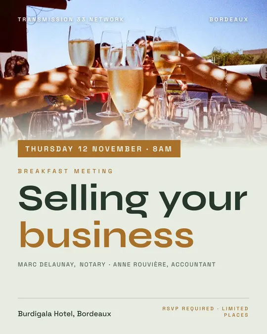 Sample flyer, "Banner · Sage and ochre" template, Business meetup: "Selling your business"