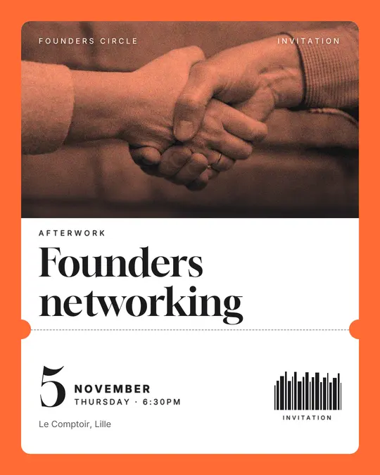 Sample flyer, "Ticket · Orange on charcoal" template, Business meetup: "Founders networking"