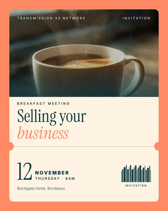 Sample flyer, "Ticket · Teal and coral" template, Business meetup: "Selling your business"