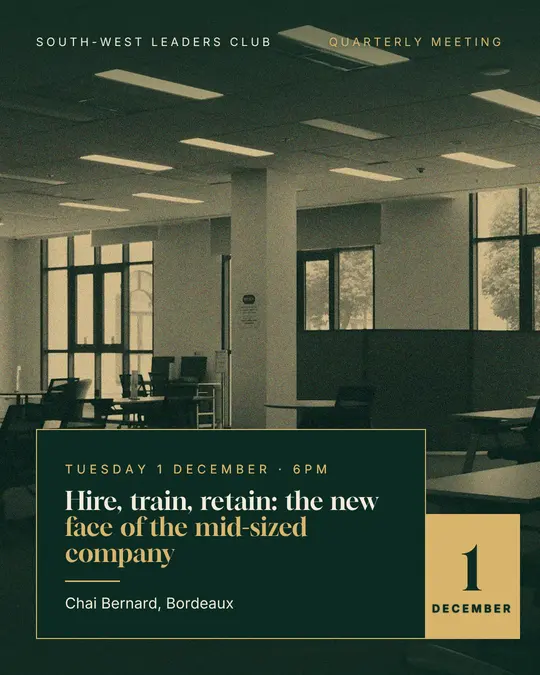 Sample flyer, "Laid card · Golden emerald" template, Business meetup: "Hire, train, retain: the new face of the mid-sized company"